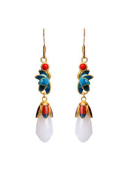 Women Vintage Flower Cloisonne Jade Mangnolia Silver Earrings