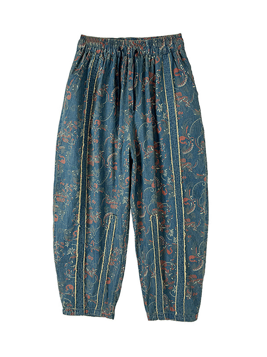 Women Retro Flower Patchwork Denim Harem Pants