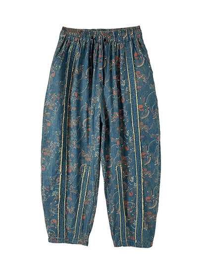 Women Retro Flower Patchwork Denim Harem Pants