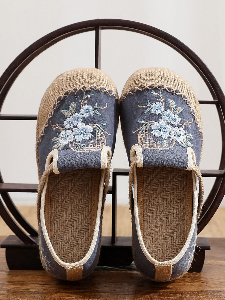 Women Vintage Summer Flower Cloth Linen Shoes