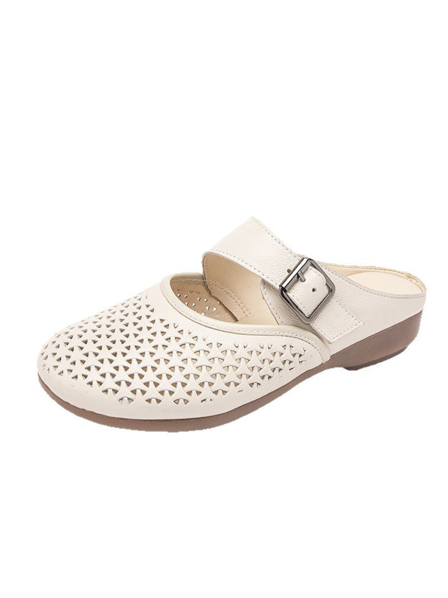 Women Vintage Genuine Leather Low Heel Slippers