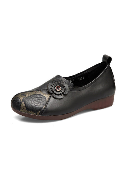 Women Retro Flower Leather Spliced Low Heel Shoes