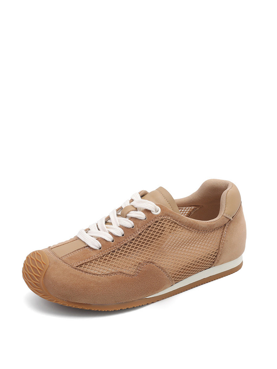 Women Summer Vintage Leather Spliced Mesh Shoes