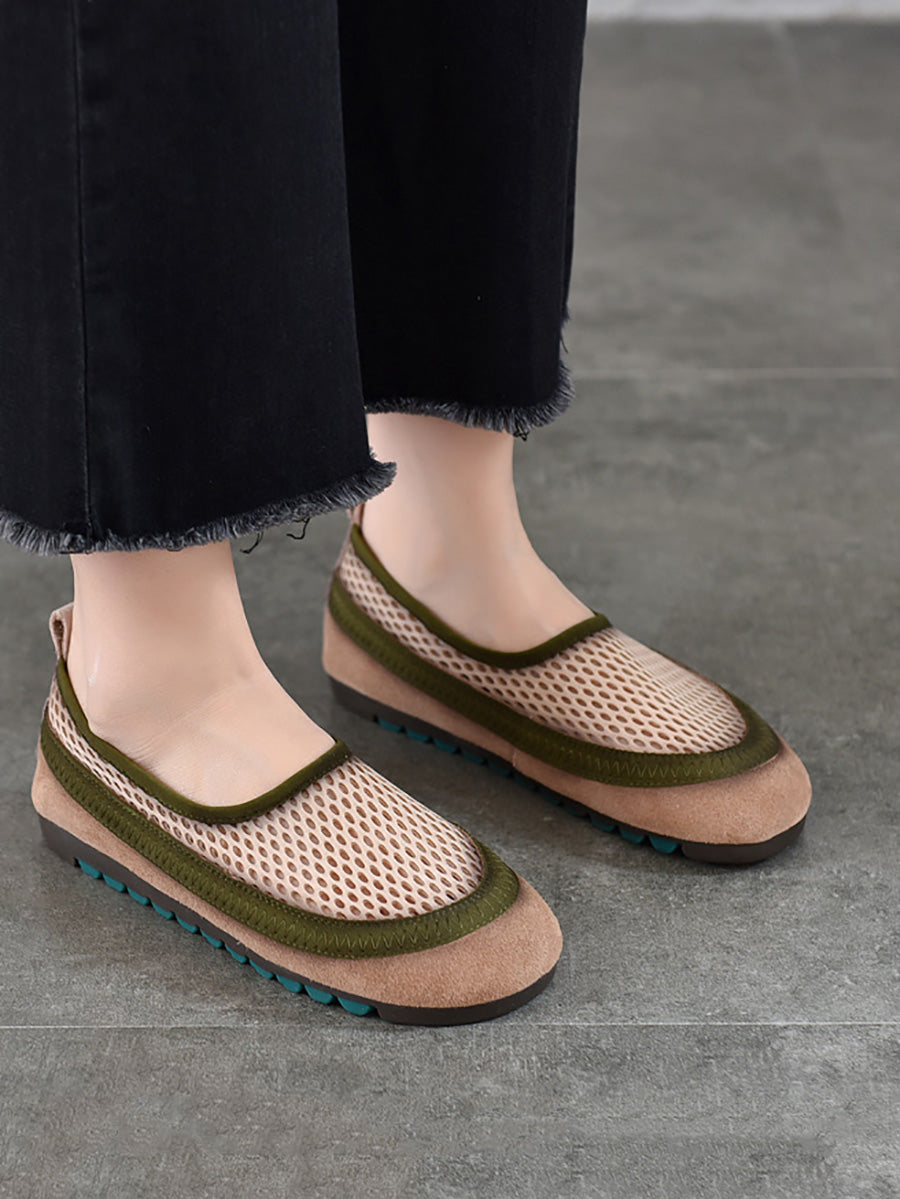 Women Summer Casual Leather Mesh Flat Shoes