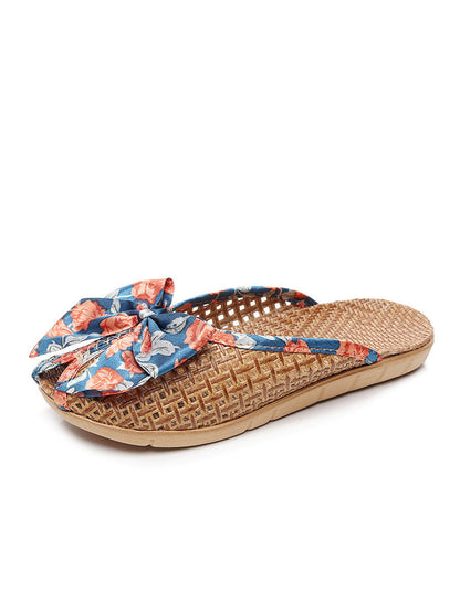 Women Ethnic Straw Weave Flower Bowknot Indoor Slippers