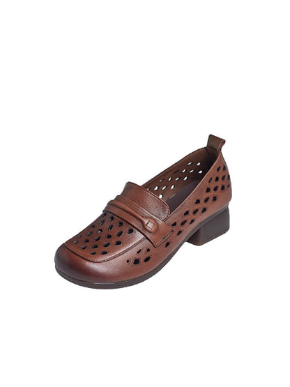 Women Summer Leather Hollow Out Mid Heel Shoes