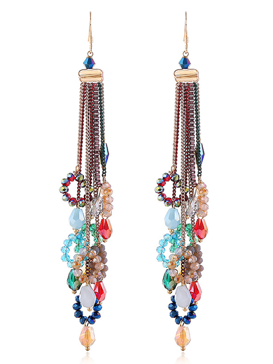 Women Vintage Bead Knitted Tassel Silver Earrings