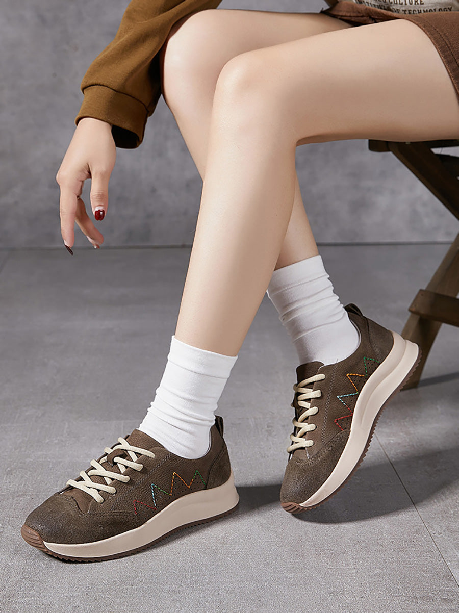 Women Genuine Leather Spliced Platform Sport Shoes