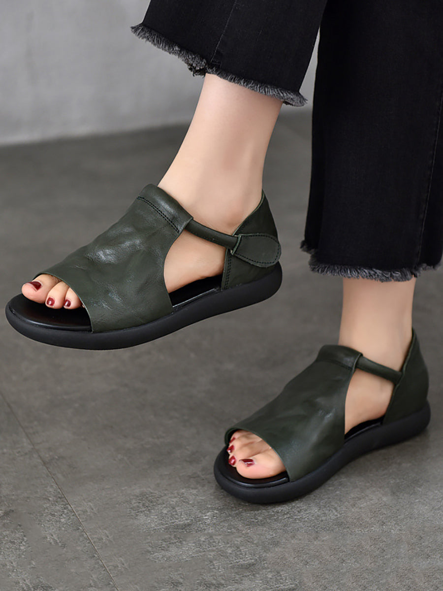 Women Summer Casual Soft Leather Flat Sandals