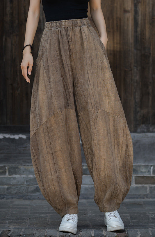 Women Vintage Autumn Solid Loose Ramie Bloomers
