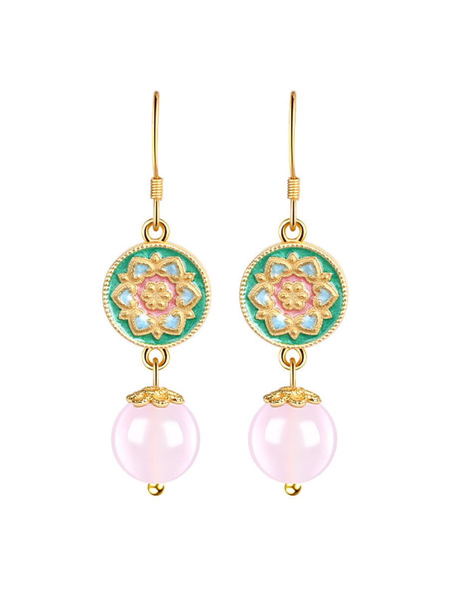 Women Ethnic Cloisonne Flower Jade Earrings