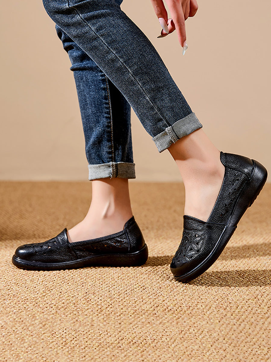 Women Summer Soft Leather Flower Mid Heel Shoes