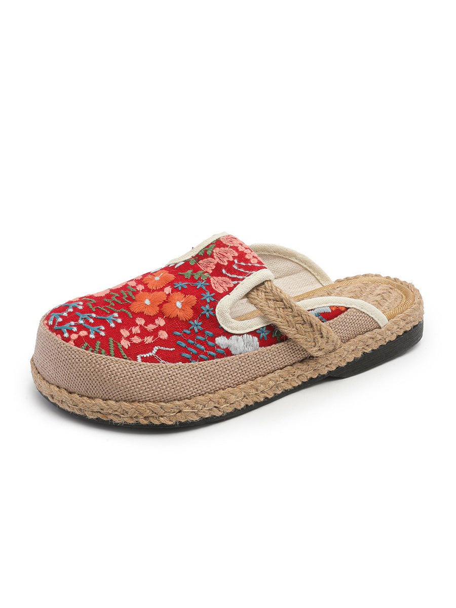 Women Summer Ethnic Flower Embroidery Cotton Slippers