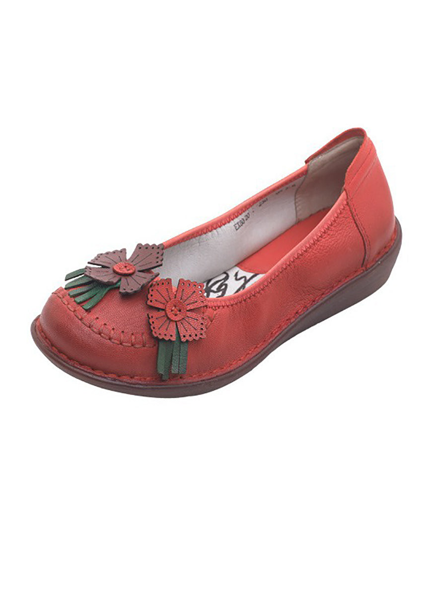 Women Spring Leather Flower Spliced Low Heel Shoes