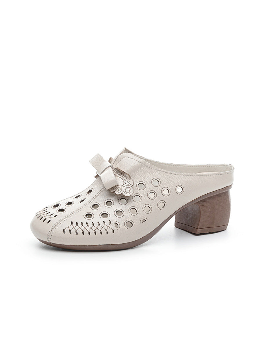 Women Summer Genuine Leather Hollow Out Mid Heel Slippers