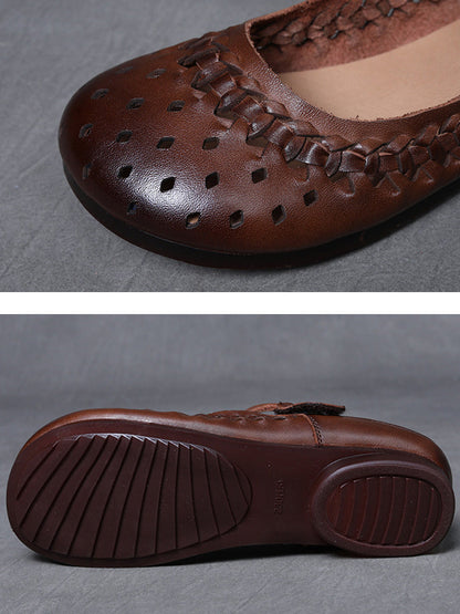 Women Vintage Leather Hollow Out Low Heel Shoes