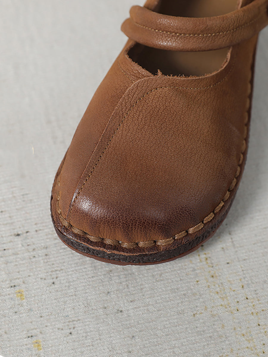 Women Vintage Leather Spliced Low Heel Flat Shoes