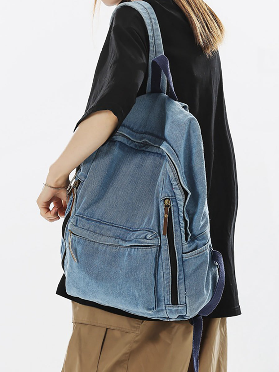 Women Casual Solid Large Capacity School Denim Backpack