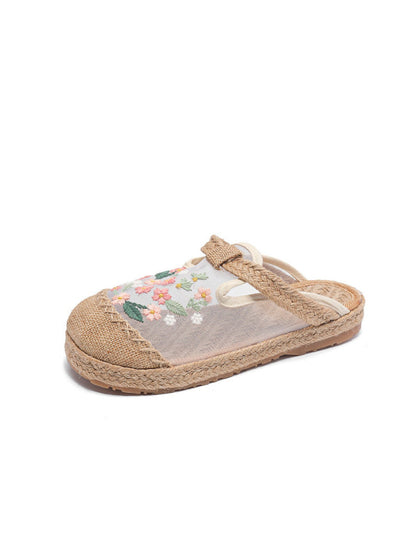 Women Ethnic Summer Flower Embroidery Cloth Flat Slippers