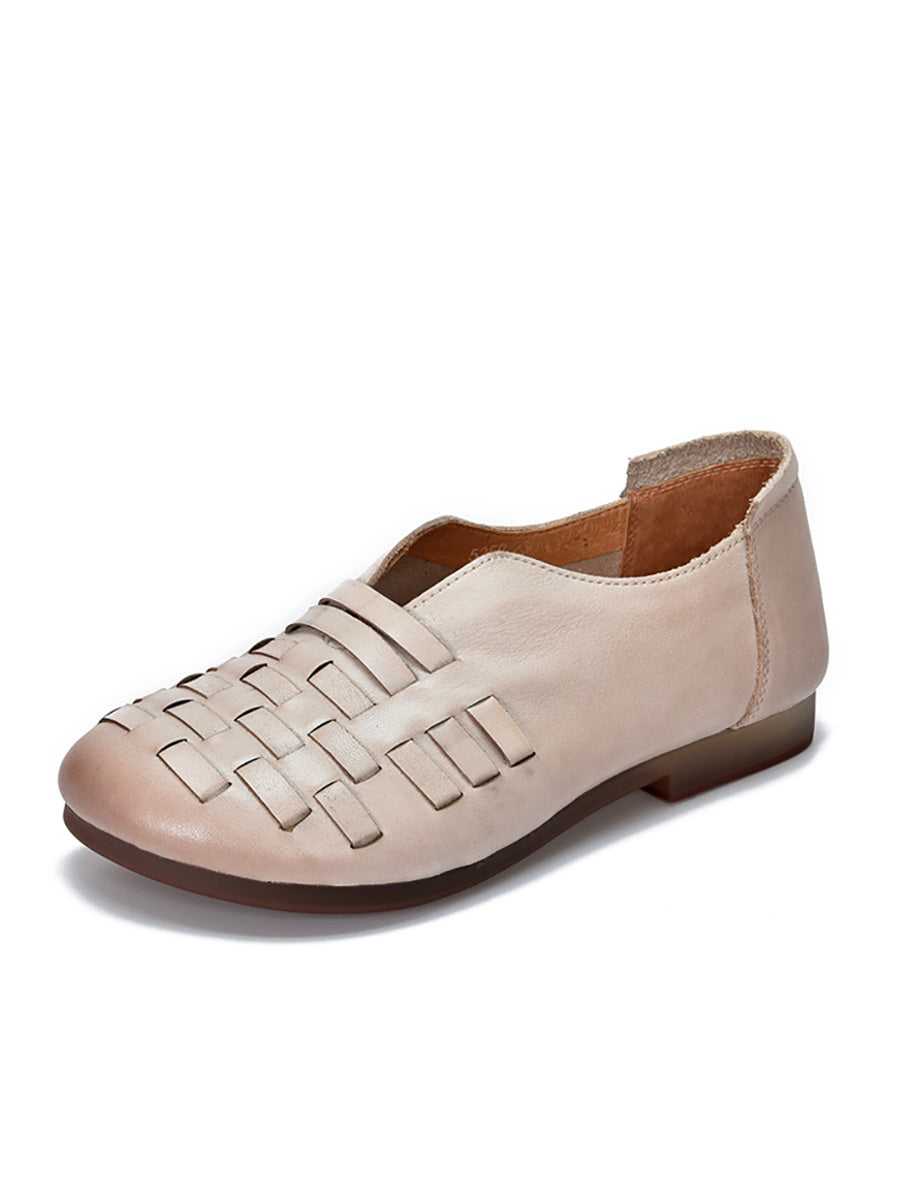 Women Vintage Genuine Leather Weave Low Heel Shoes