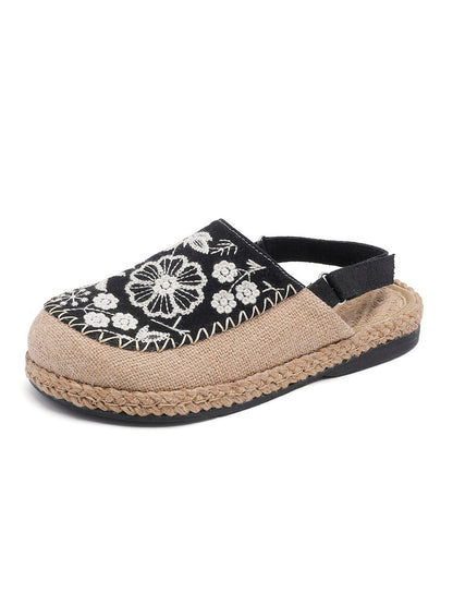 Women Ethnic Flower Embroidery Linen Sandals
