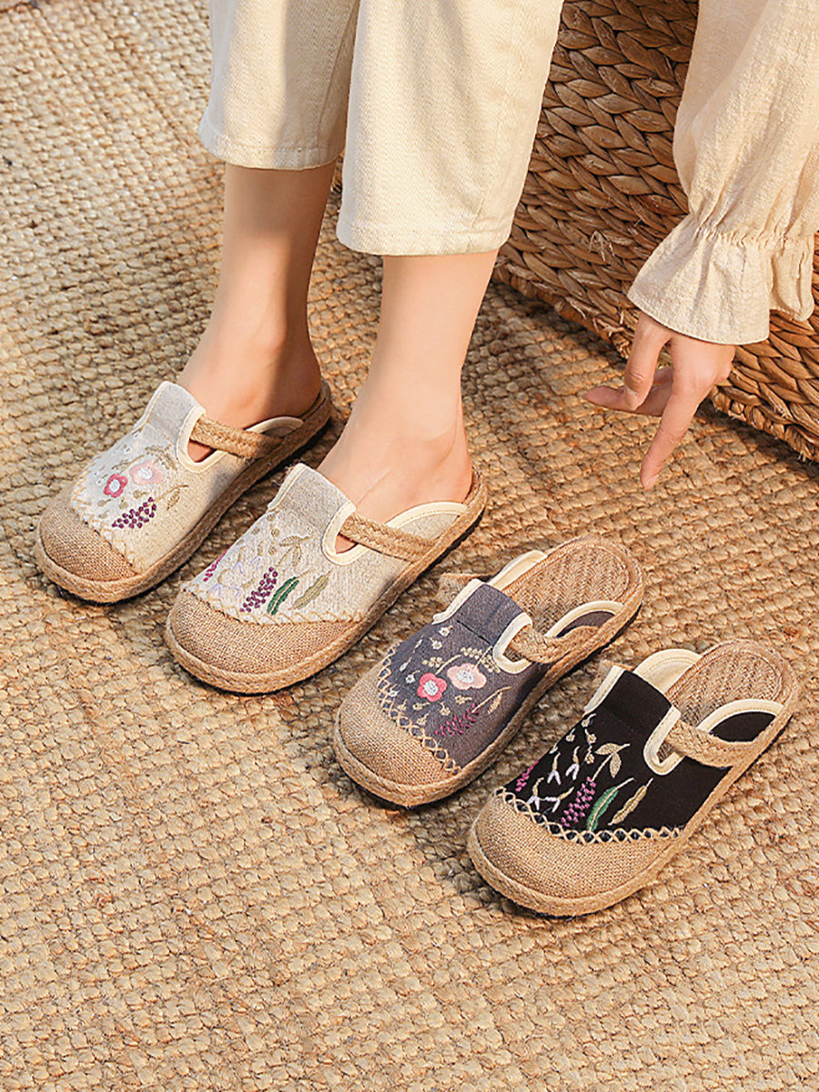 Women Summer Flower Embroidery Linen Slippers