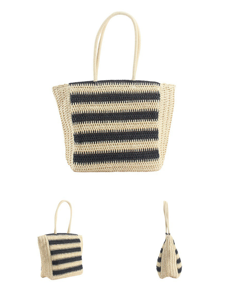Women Fashion Colorblock Straw Weave Shoulder Bag