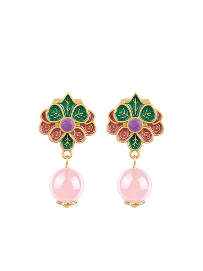 Women Ethnic Flower Jade 24K Gold Plating Earrings