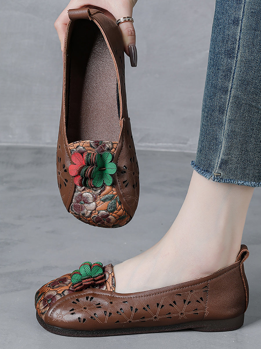 Women Summer Ethnic Flower Leather Spliced Shoes
