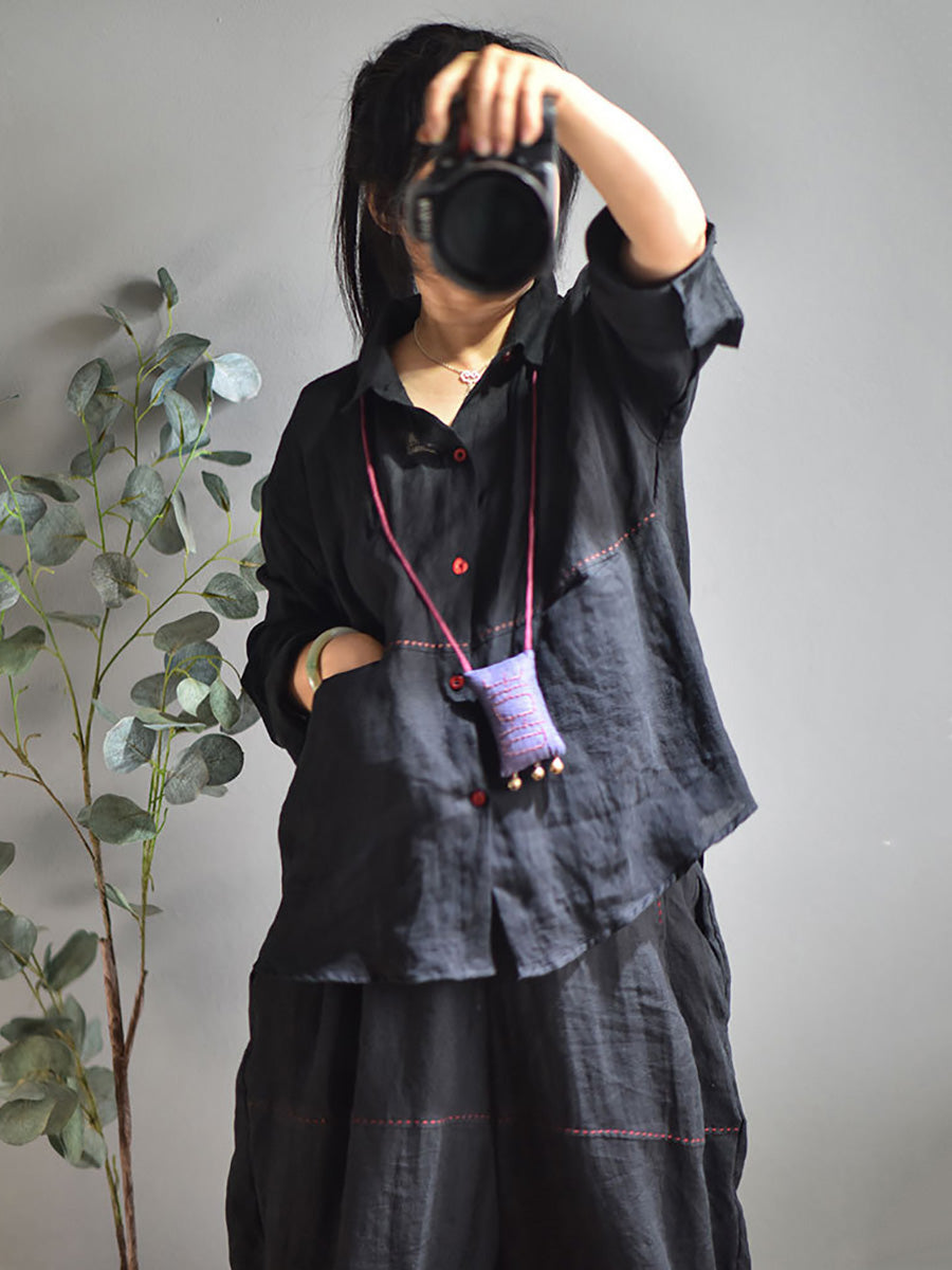 Plus Size Women Casual Solid Spring Stitching Linen Shirt