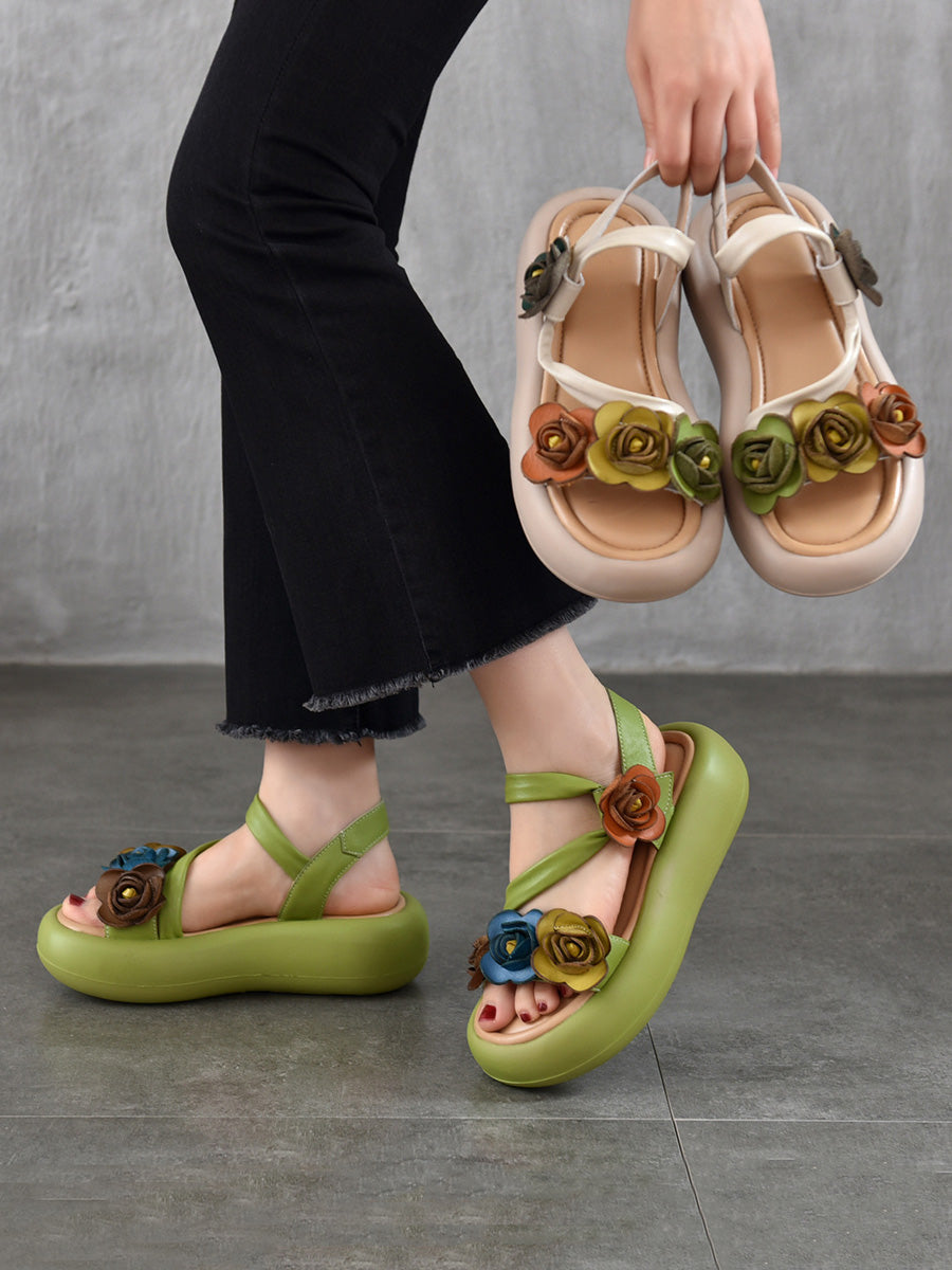 Women Vintage Leather FLower Platform Sandals