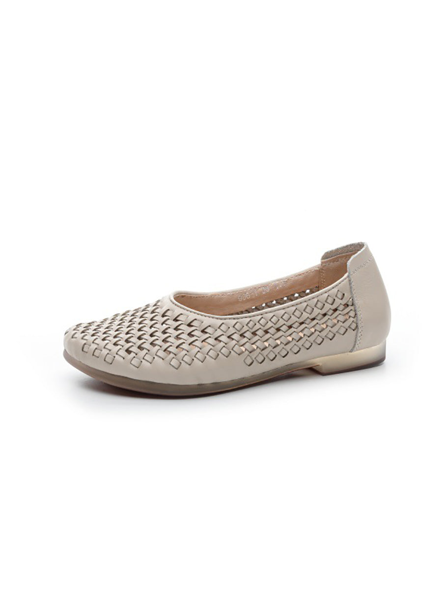 Women Summer Vintage Leather Weave Low Heel Shoes