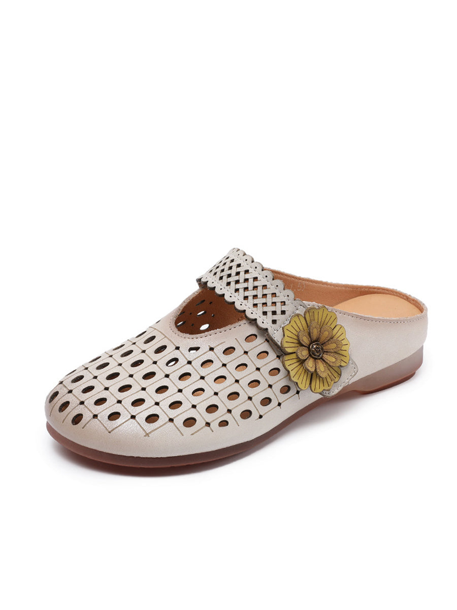 Women Casual Genuine Leather Flower Low Heel Slippers
