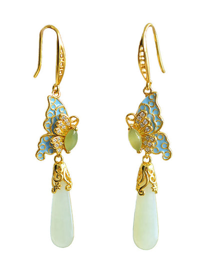 Women Ethnic Jade Enamel Butterfly S925Silver Earrings