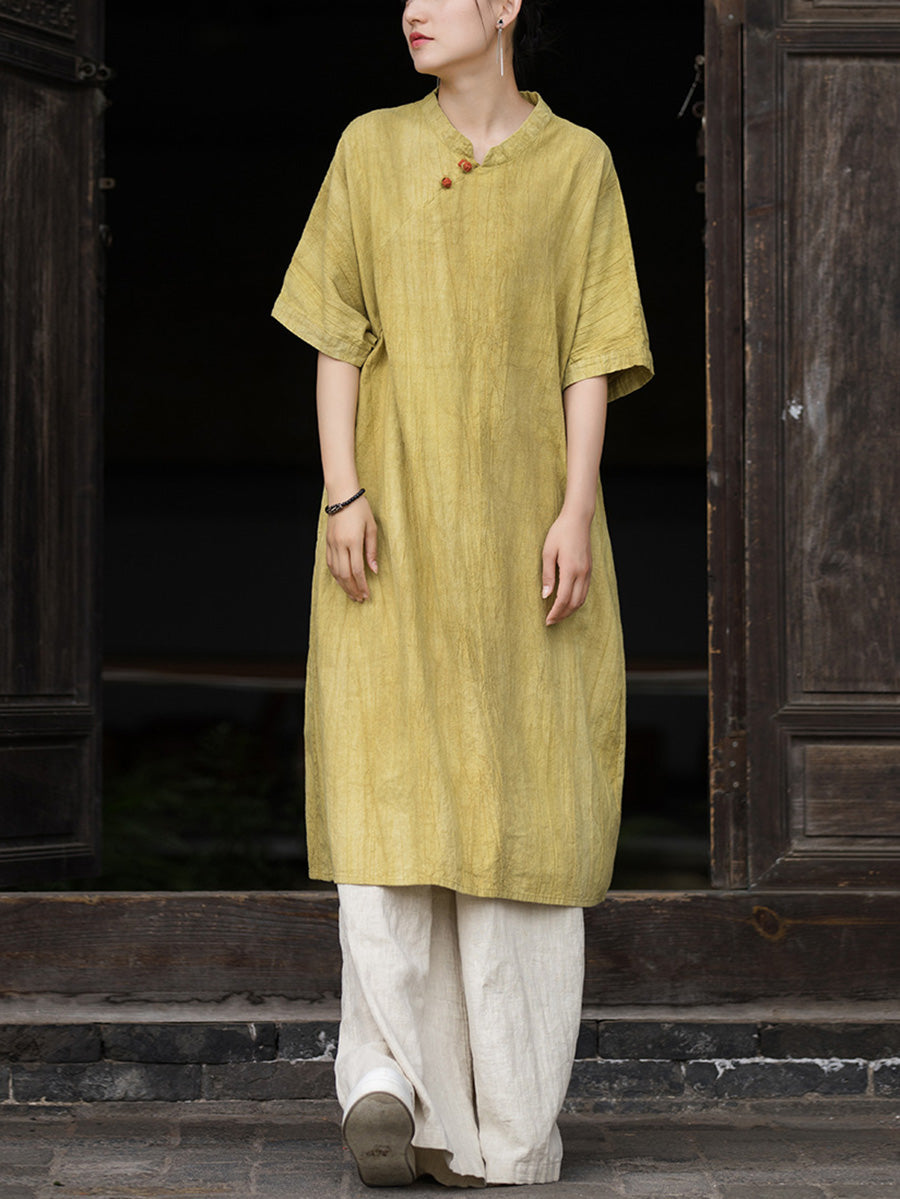 Women Summer Artsy Tie-dye Stand Collar Ramie Dress