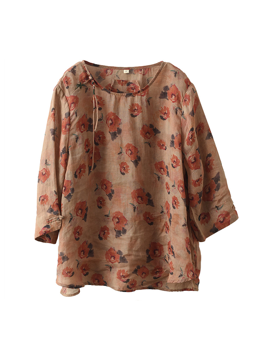 Women Vintage Summer Floral Frog Pullover Linen Shirt