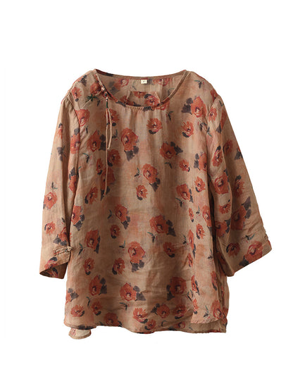 Women Vintage Summer Floral Frog Pullover Linen Shirt