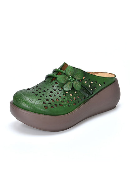 Women Ethnic Leather Flower Hollow Out Platform Slippers