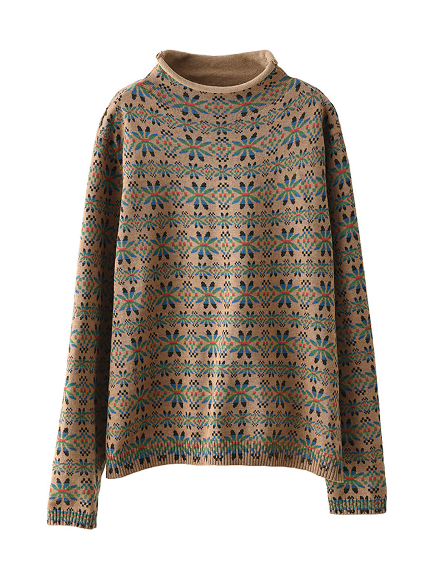 Plus Size Women Vintage Floral Turtleneck Warm Pullover Sweater