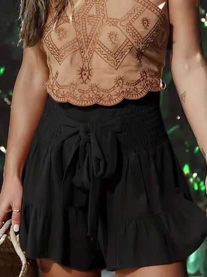 High Waisted Loose Elasticity Pleated Solid Color Split-Joint Tied Waist Shorts