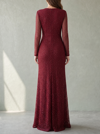 Zipper Solid Color Sequined See-Through Pleated Buttoned Long Sleeves Bodycon V-neck Maxi Dresses