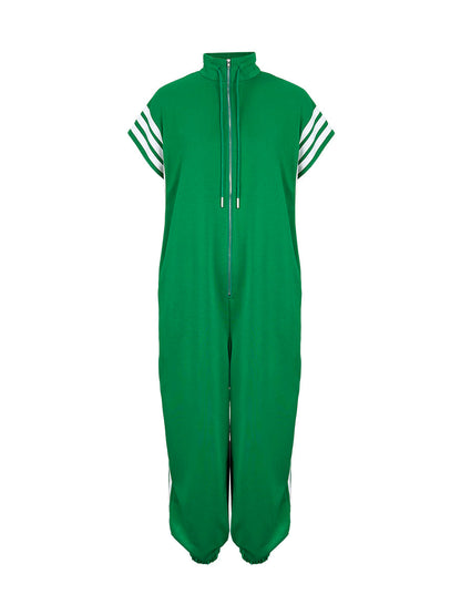 White Plus Size Contrast Color Pockets Split-Joint Striped Zipper Stand Collar Jumpsuits