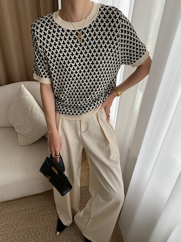 Half Sleeves Houndstooth Round-Neck Sweater Tops