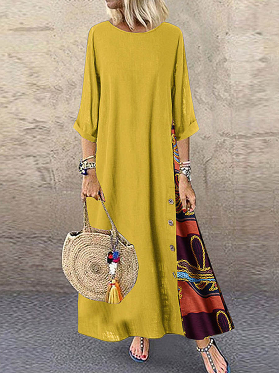 Loose Plus Size Buttoned Contrast Color Printed Split-Joint Round-Neck Midi Dresses