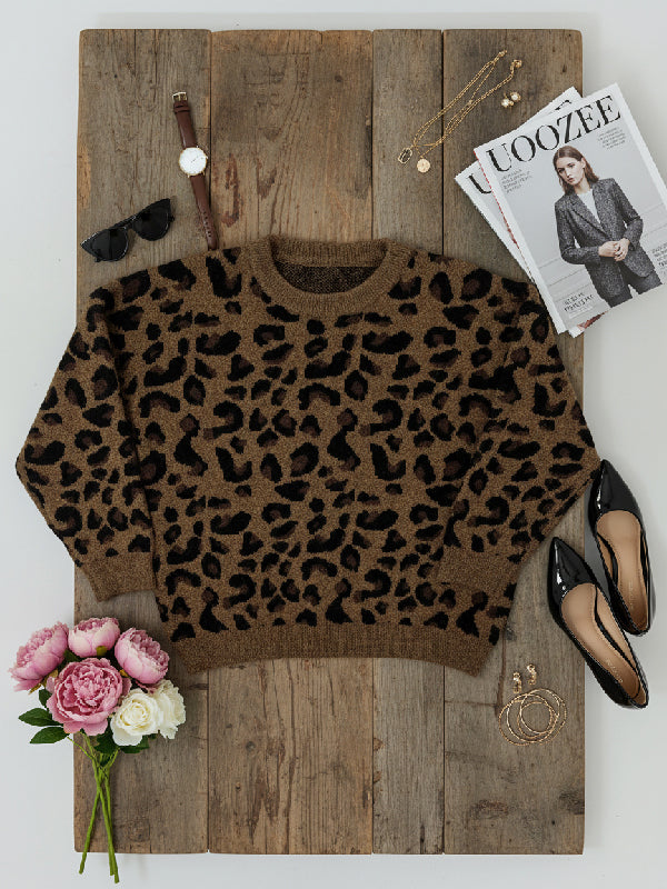 Long Sleeves Loose Leopard Round-Neck Sweater Tops