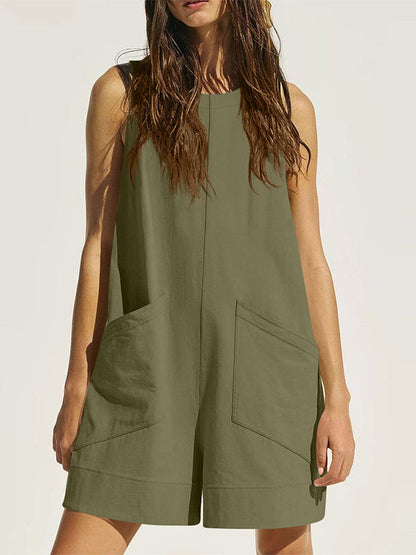 Loose Sleeveless Pockets Solid Color Round-Neck Rompers