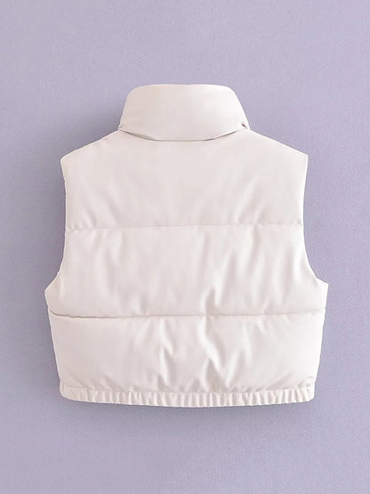 Skinny Sleeveless Drawstring Elasticity Solid Color Split-Joint Zipper Stand Collar Padded Vest