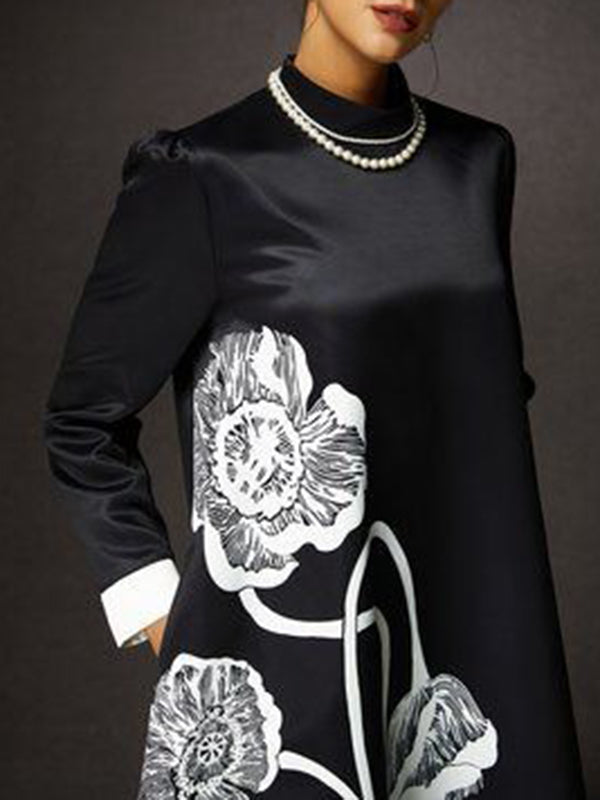 A-Line Long Sleeves Contrast Color Floral Printed Split-Joint High Neck Midi Dresses