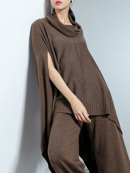 High-Low Long Sleeves Solid Color Heaps Collar Pullovers Sweater Tops