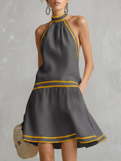A-Line Sleeveless Contrast Color Pockets Zipper Halter-Neck Mini Dresses